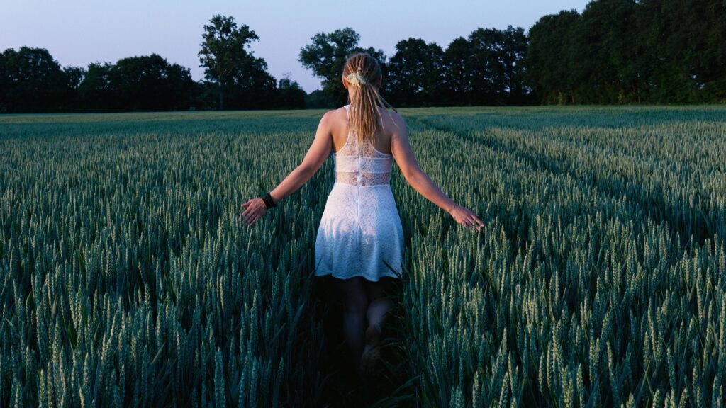 A serene scene of a woman in a dress walking through a wheat field at twilight.